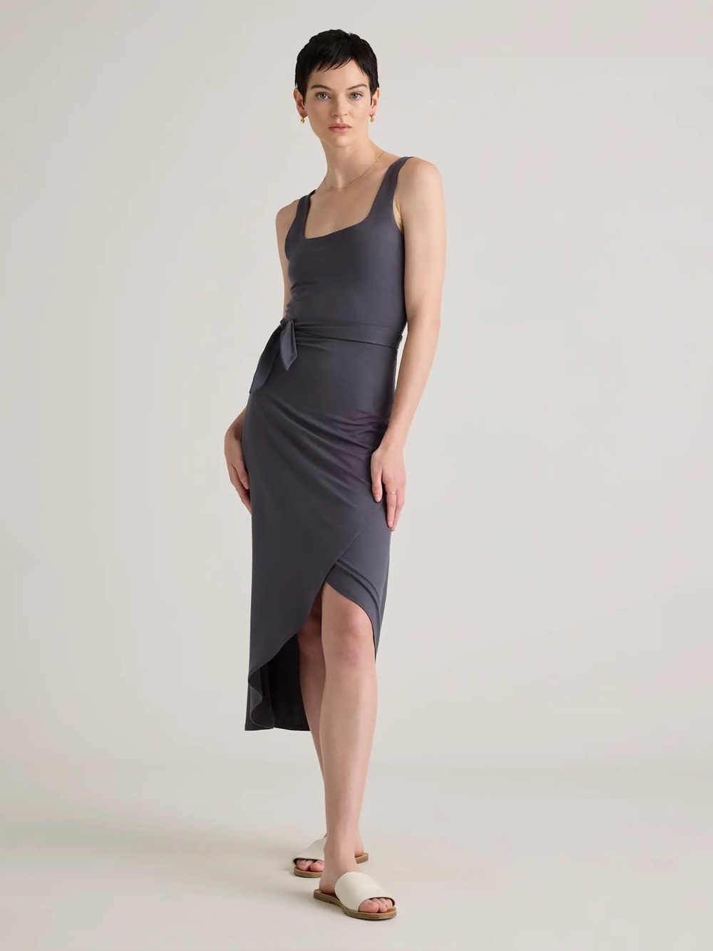 Quince | Tencel Jersey Side Tie Midi Dress | M | Carbon Gray